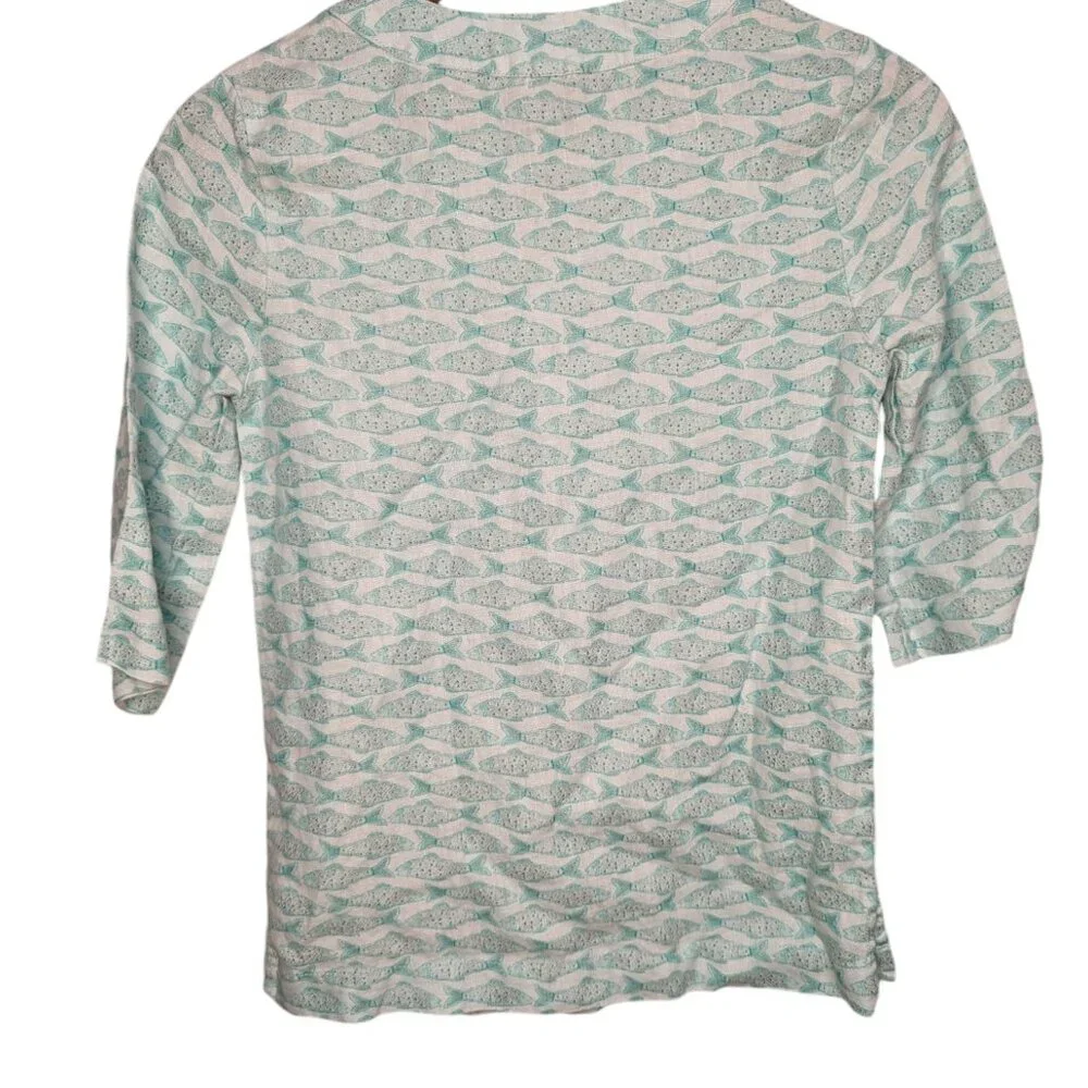 Vineyard Vines 100% Linen Teal Fish Print Girls Dress Size Small 6-7 3/4 Sleeve - Picture 4 of 4